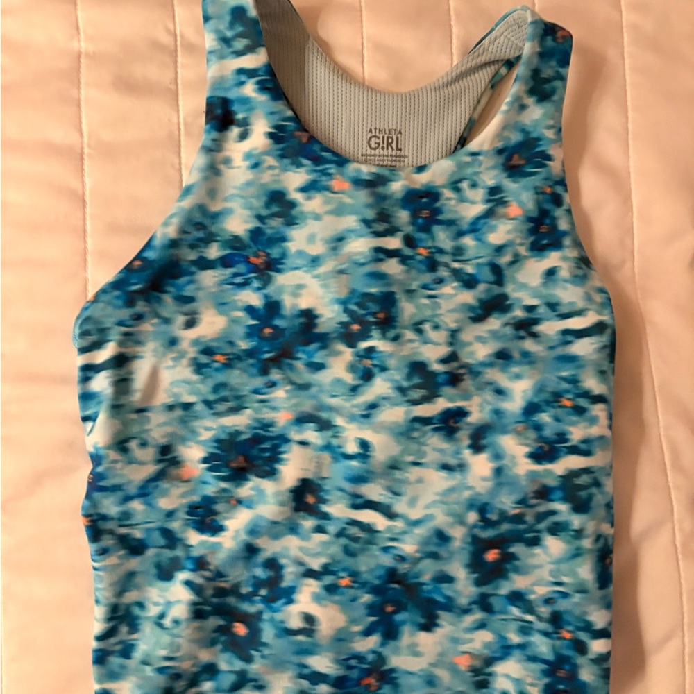 Athleta Vibrant Blue Floral Tank Top/ long distance running bra